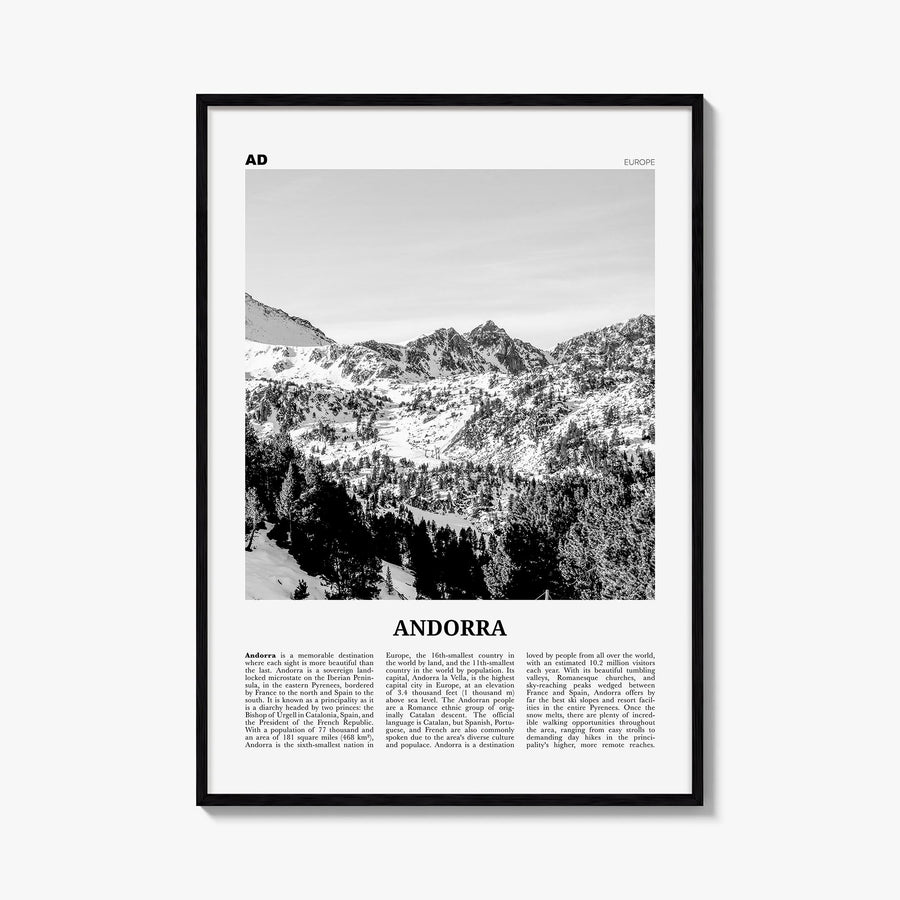 Andorra black & white newspaper poster of Europe – vertical wall art, unframed print shown in interior mockup