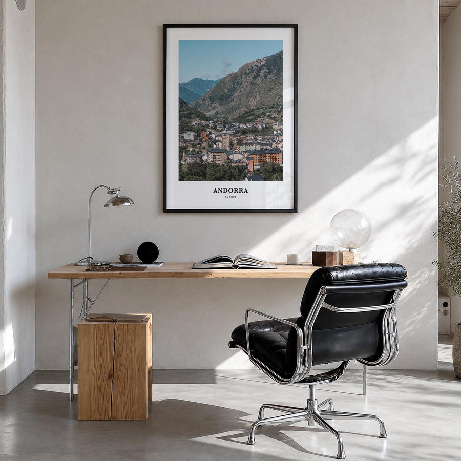 Andorra colorful classic poster of Europe – vertical wall art in black wood frame, hanging on wall