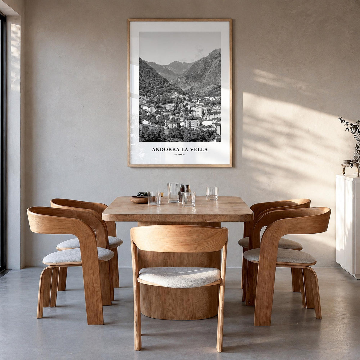 Andorra la Vella black & white classic poster of Andorra – vertical wall art in natural wood frame, hanging on wall