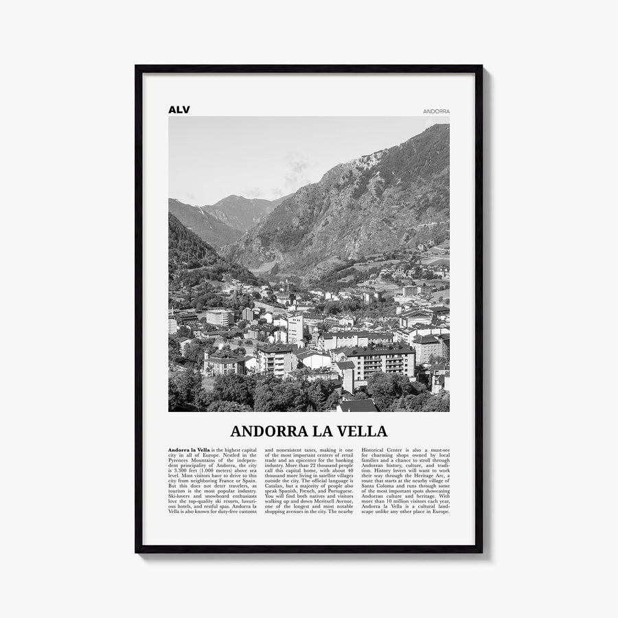 Andorra la Vella black & white newspaper poster of Andorra – vertical wall art, unframed print shown in interior mockup