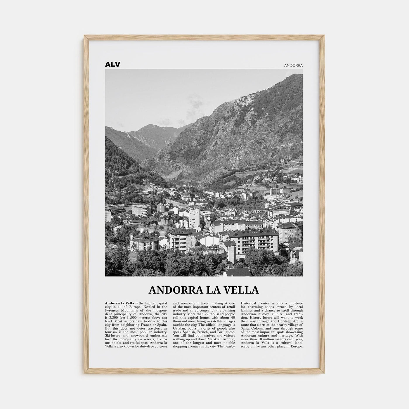 Andorra la Vella Poster Natural Wood / 8x12 in Nbourhood Travel B&W Poster