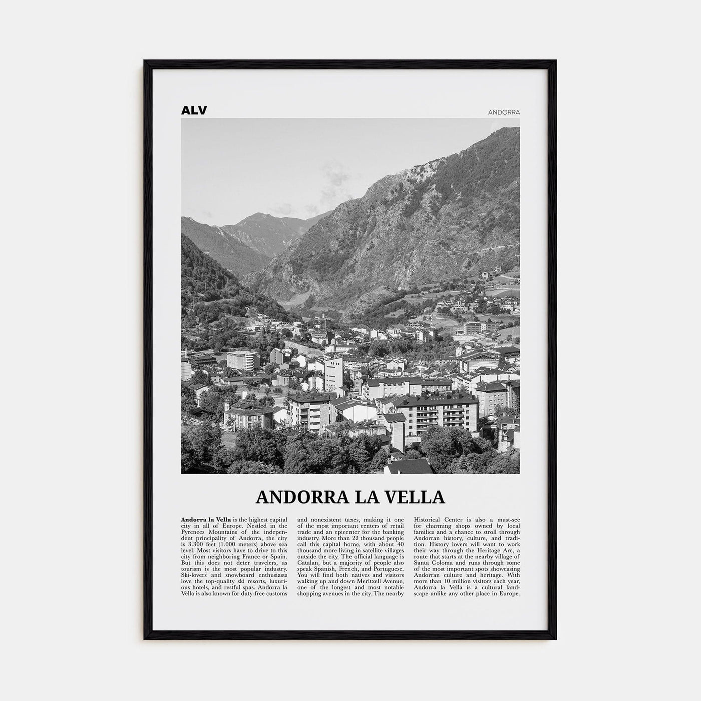 Andorra la Vella Poster Black Wood / 8x12 in Nbourhood Travel B&W Poster