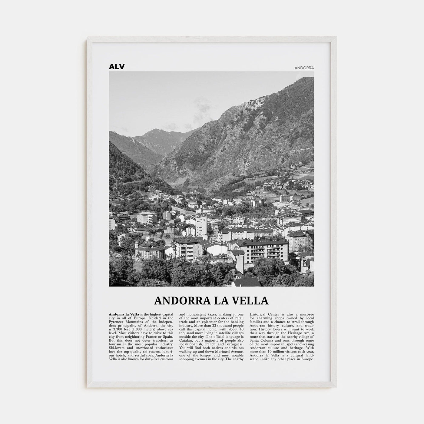 Andorra la Vella Poster White Wood / 8x12 in Nbourhood Travel B&W Poster