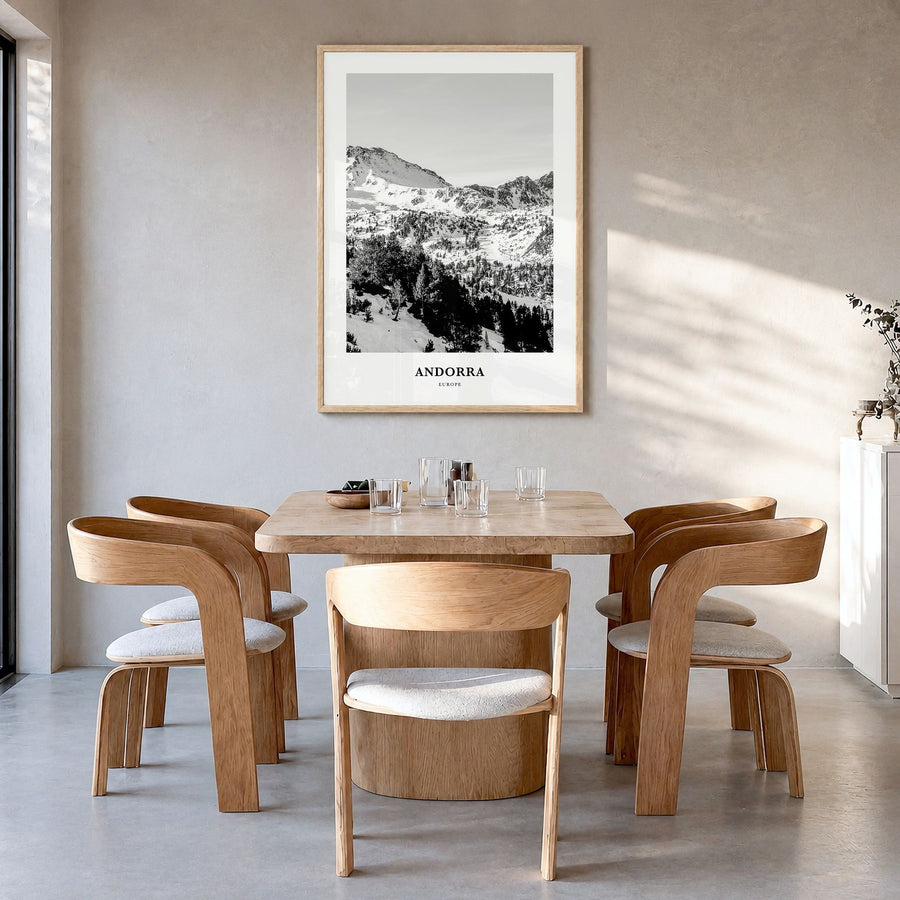 Andorra Classic Poster in a natural wood frame, hanging in a dining room