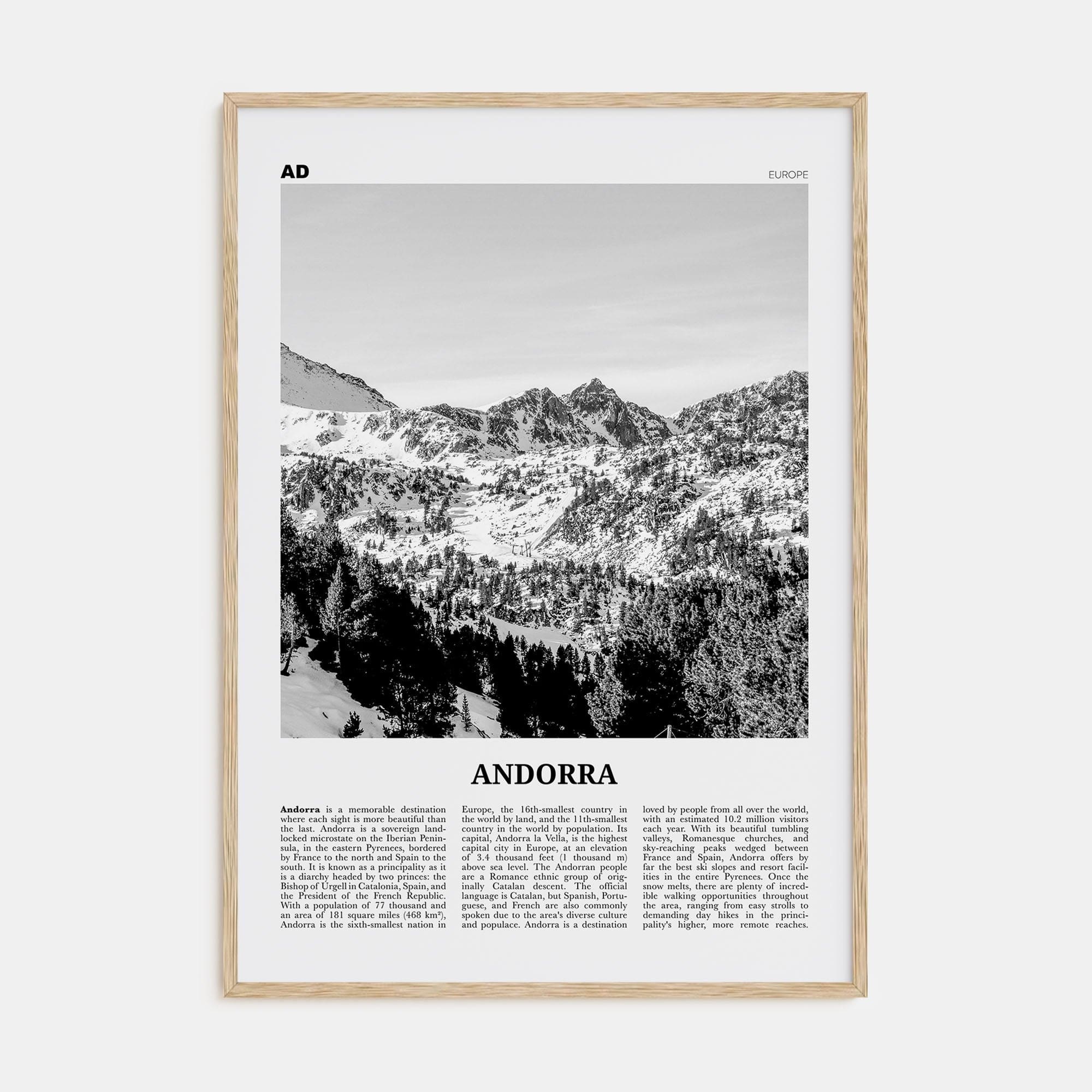 Andorra Poster Natural Wood / 8x12 in Nbourhood Travel B&W Poster