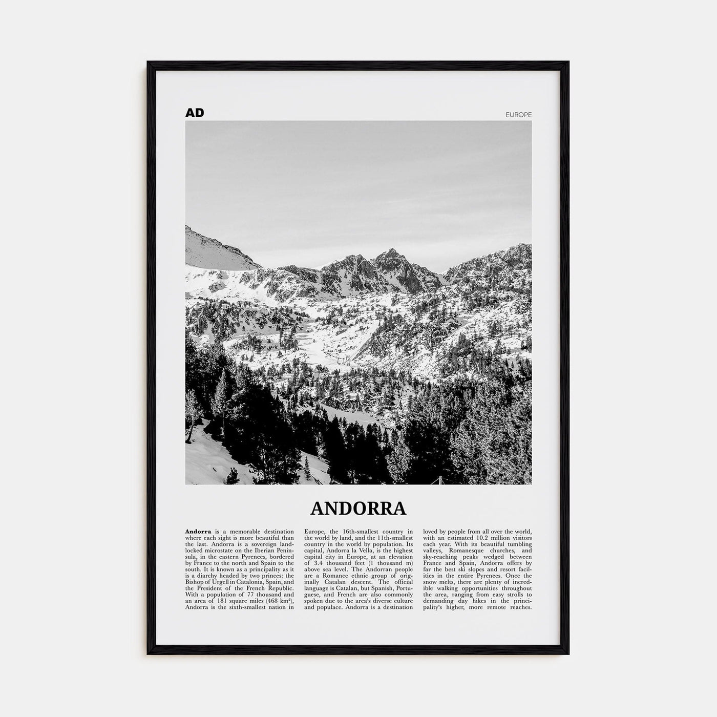 Andorra Poster Black Wood / 8x12 in Nbourhood Travel B&W Poster