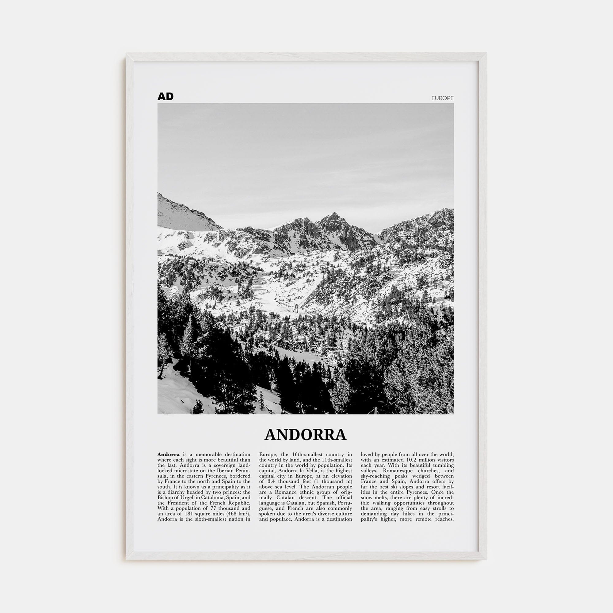 Andorra Poster White Wood / 8x12 in Nbourhood Travel B&W Poster