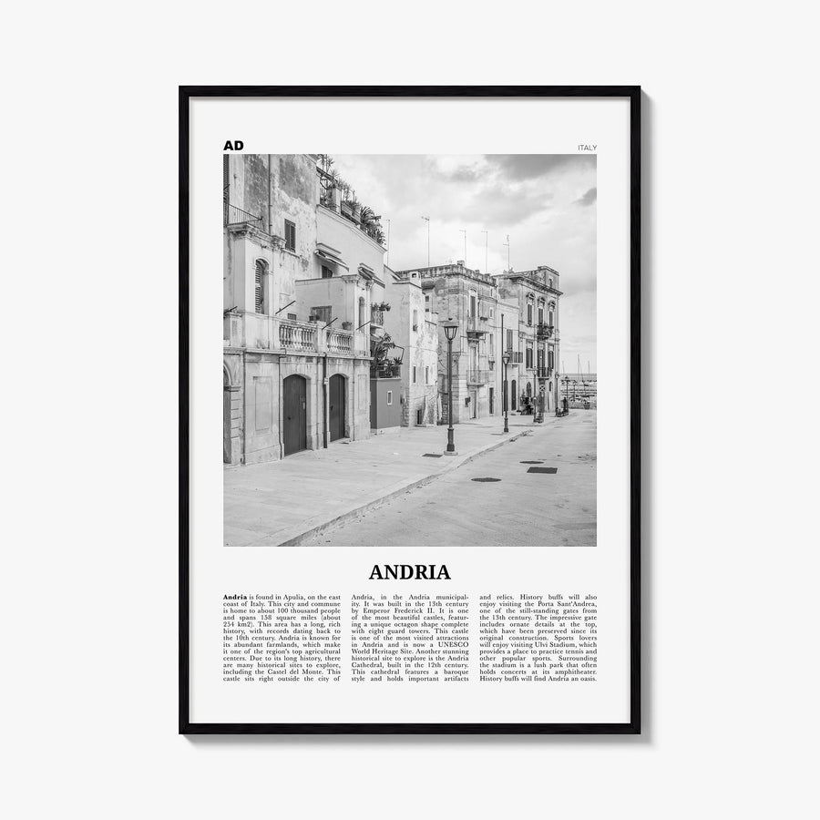 Andria black & white newspaper poster of Italy – vertical wall art, unframed print shown in interior mockup