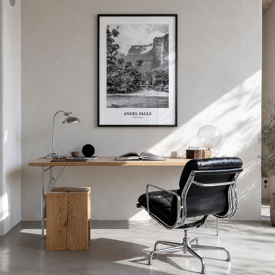 Angel Falls black & white classic poster of Venezuela – vertical wall art in black wood frame, hanging on wall