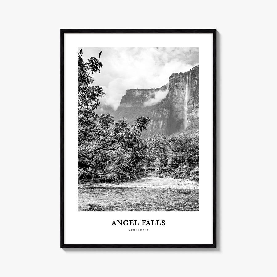 Angel Falls black & white classic poster of Venezuela – vertical wall art, unframed print shown in interior mockup