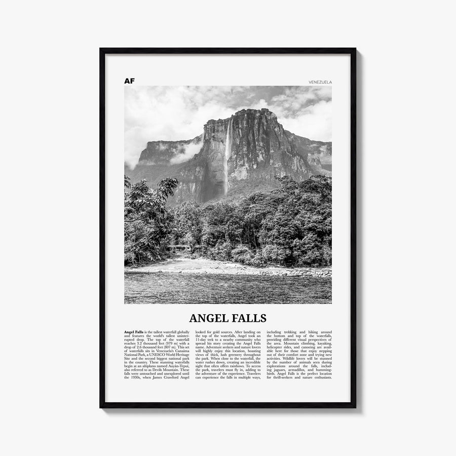 Angel Falls black & white newspaper poster of Venezuela – vertical wall art, unframed print shown in interior mockup