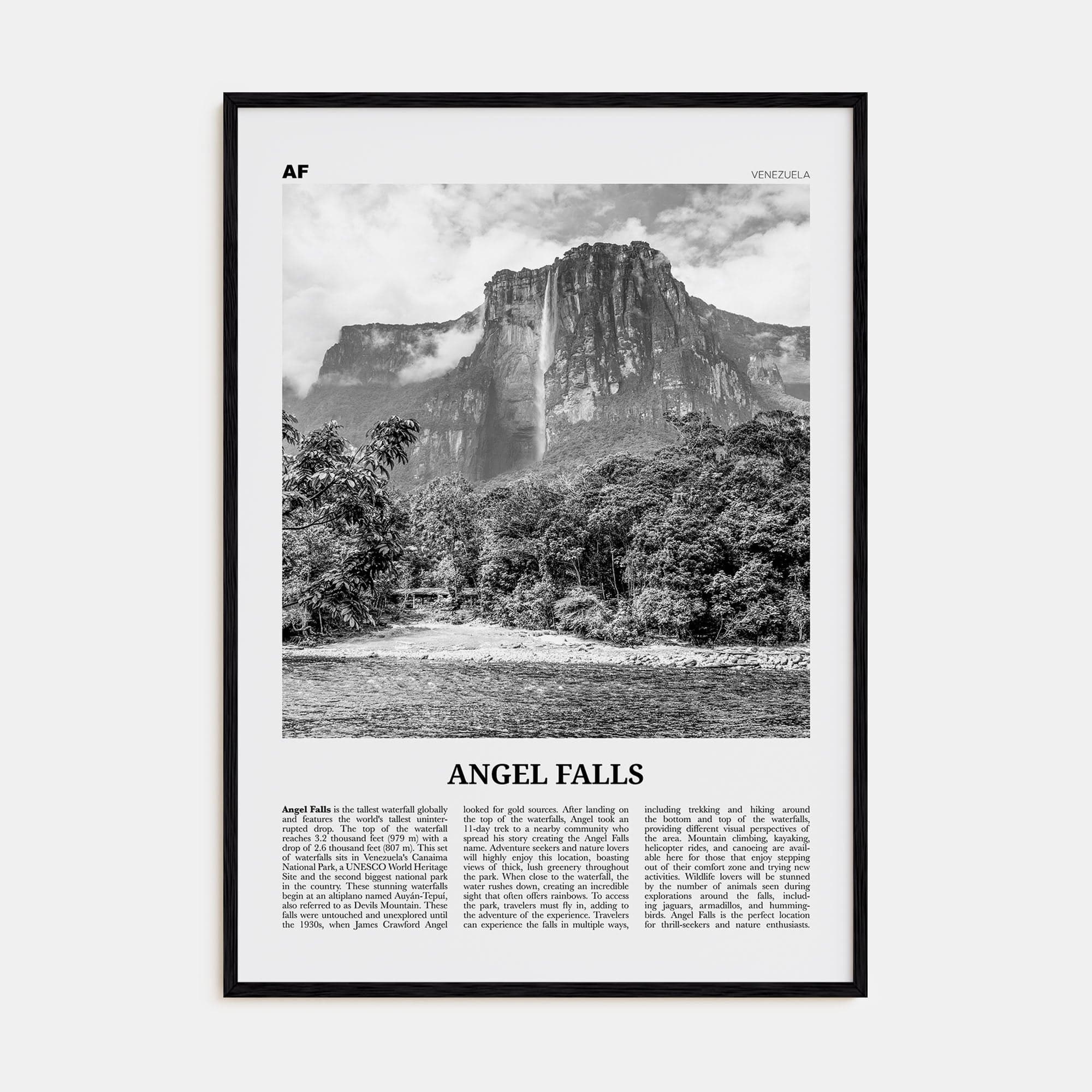 Angel Falls Poster Black Wood / 8x12 in Nbourhood Travel B&W Poster