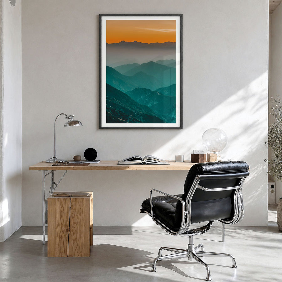 Angeles National Forest Photo Poster in a black wood frame, hanging in a bright home office, white border