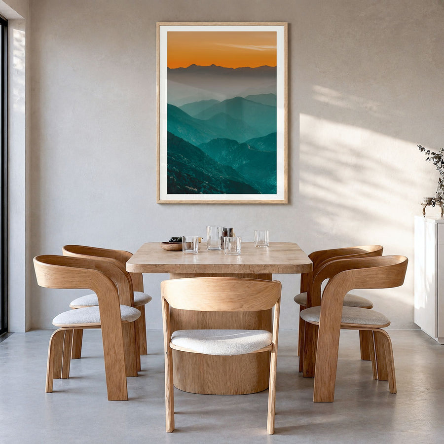 Angeles National Forest Photo Poster in a natural wood frame, hanging in a dining room, white border