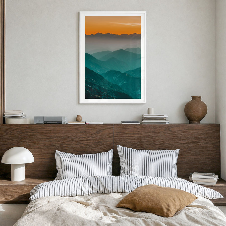 Angeles National Forest Photo Poster in a white wood frame, hanging in a bedroom, white border