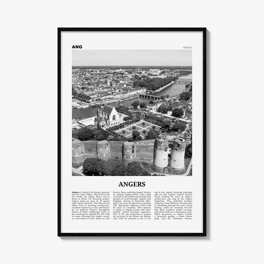Angers black & white newspaper poster of France – vertical wall art, unframed print shown in interior mockup