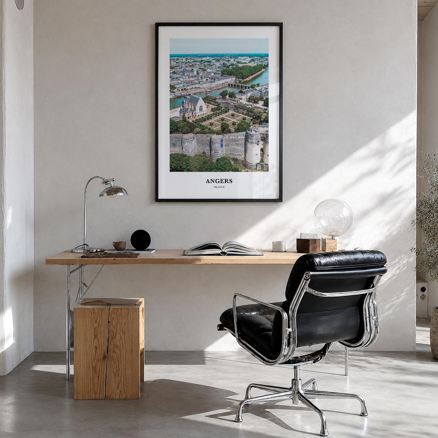 Angers colorful classic poster of France – vertical wall art in black wood frame, hanging on wall