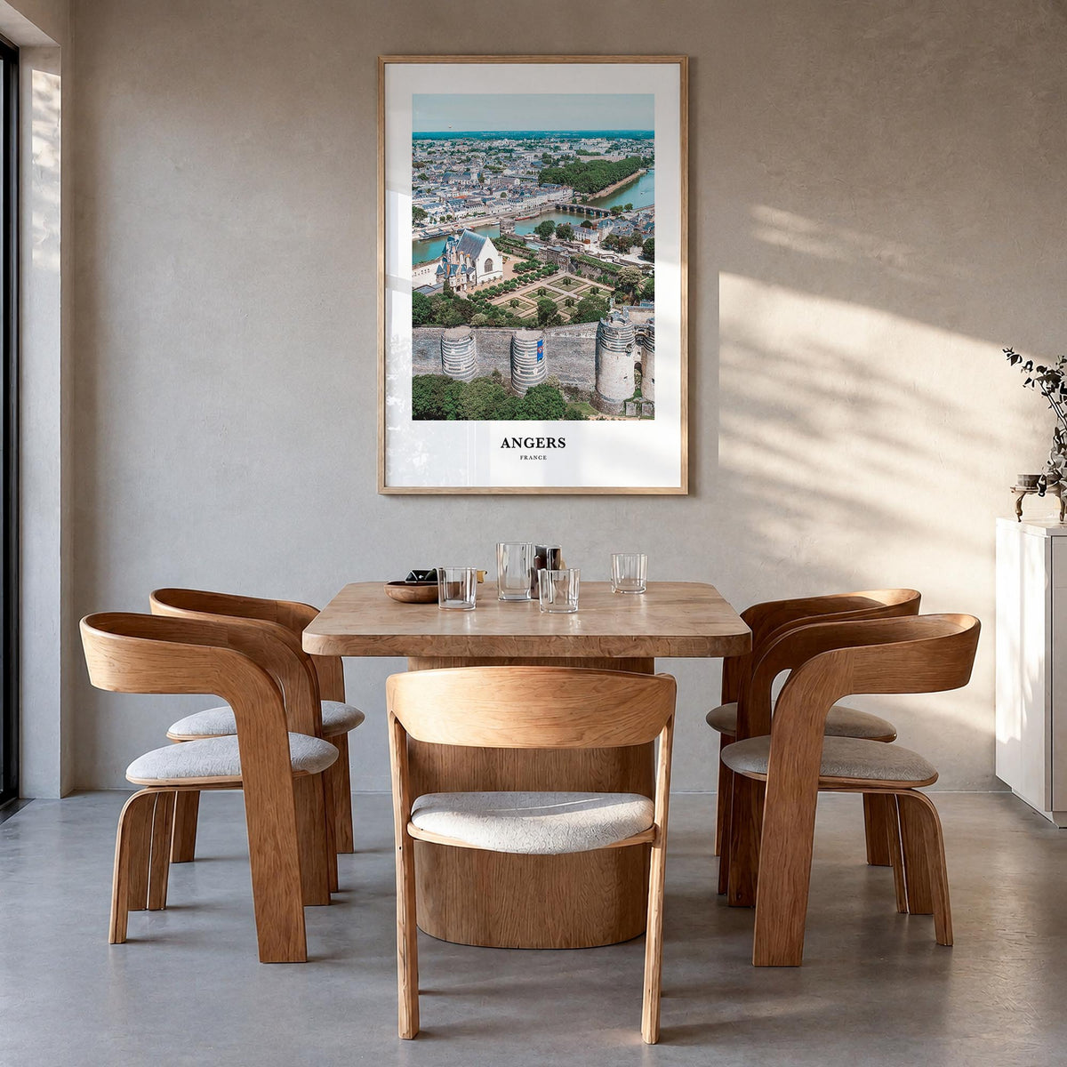 Angers colorful classic poster of France – vertical wall art in natural wood frame, hanging on wall