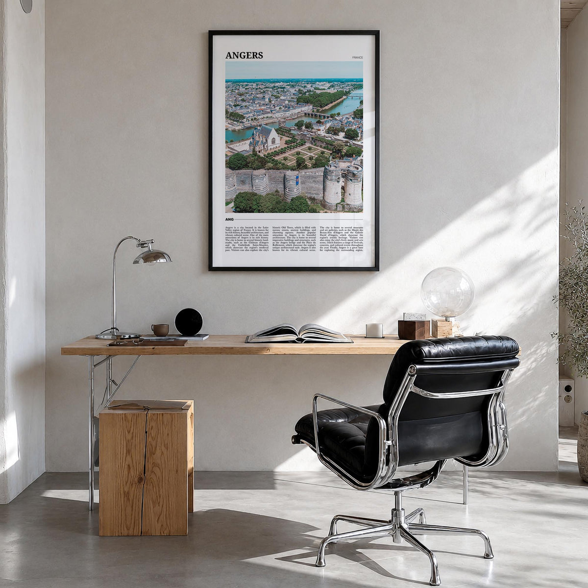 Angers colorful travel poster of France – vertical wall art in black wood frame, hanging on wall