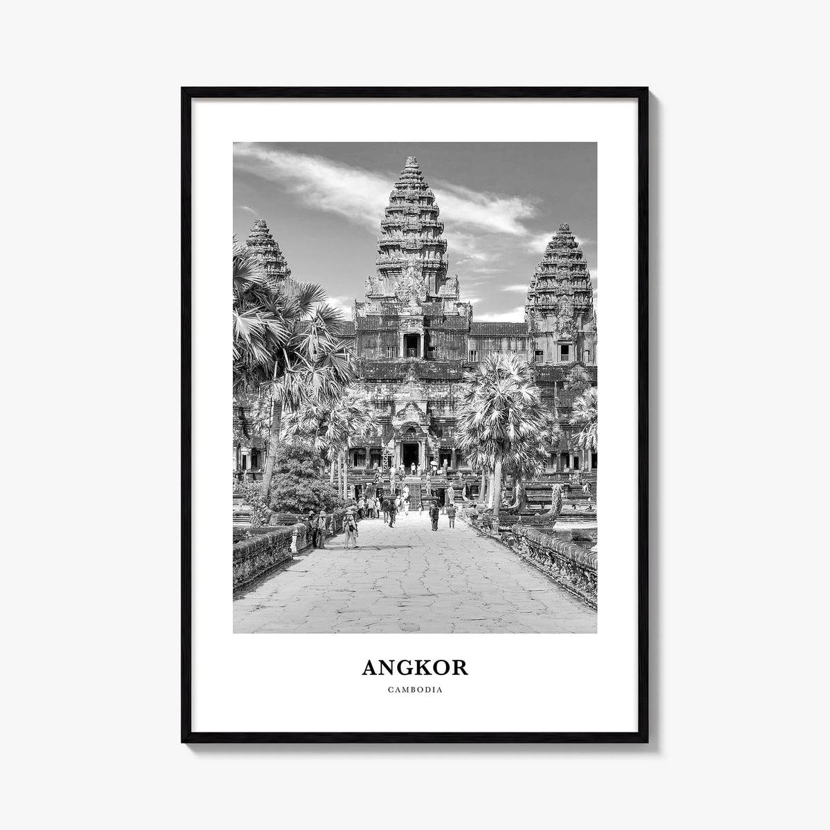 Angkor black & white classic poster of Cambodia – vertical wall art, unframed print shown in interior mockup