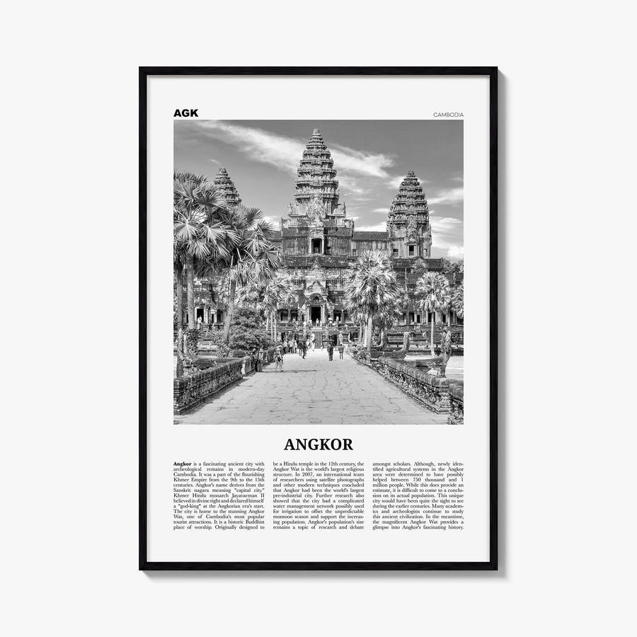 Angkor black & white newspaper poster of Cambodia – vertical wall art, unframed print shown in interior mockup