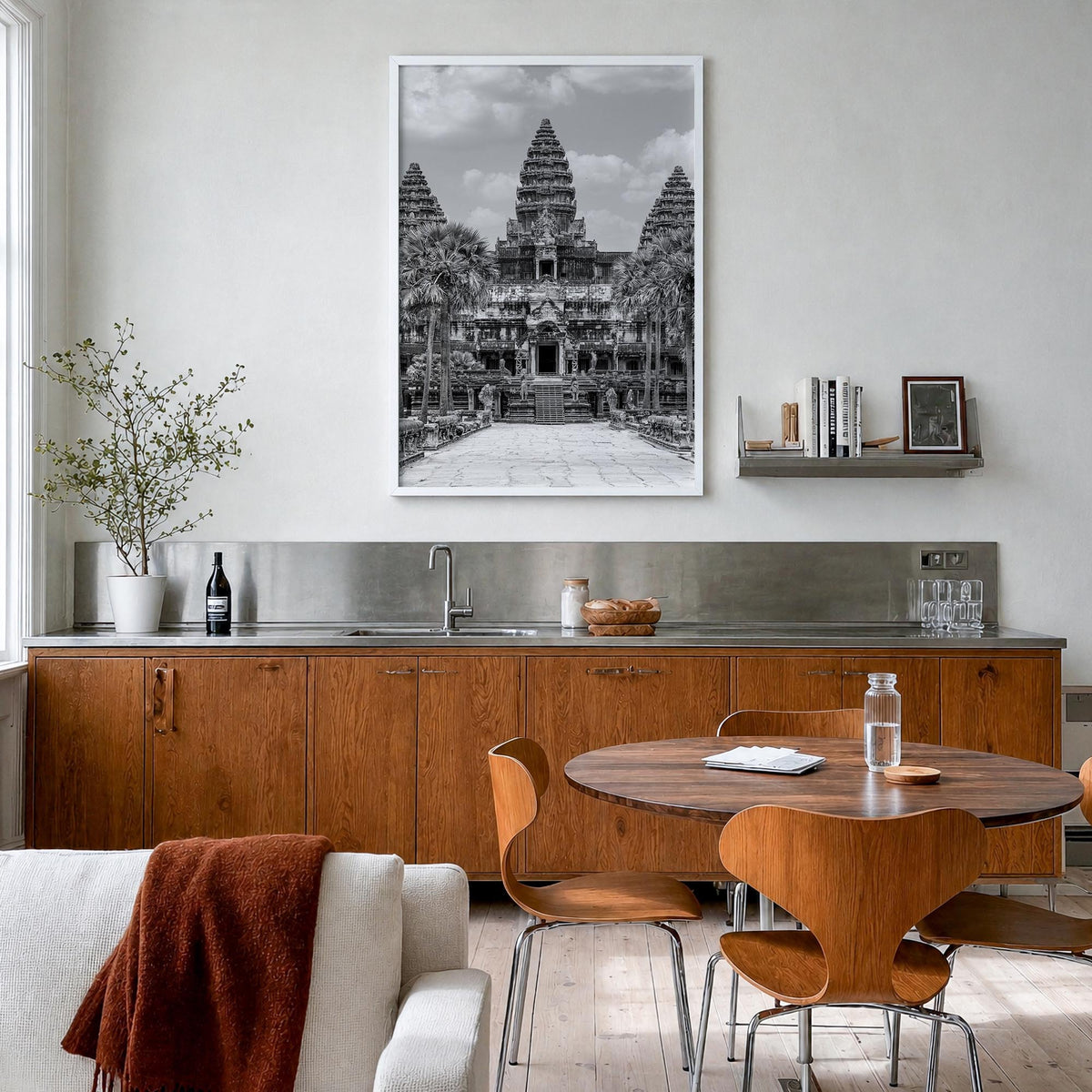 Angkor black & white photo poster of Cambodia – vertical wall art in white wood frame, hanging on wall