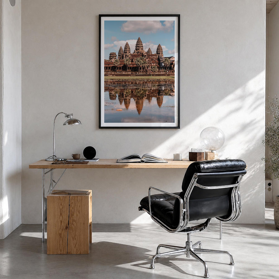 Angkor colorful photo poster of Cambodia – vertical wall art in black wood frame with white border, hanging on wall