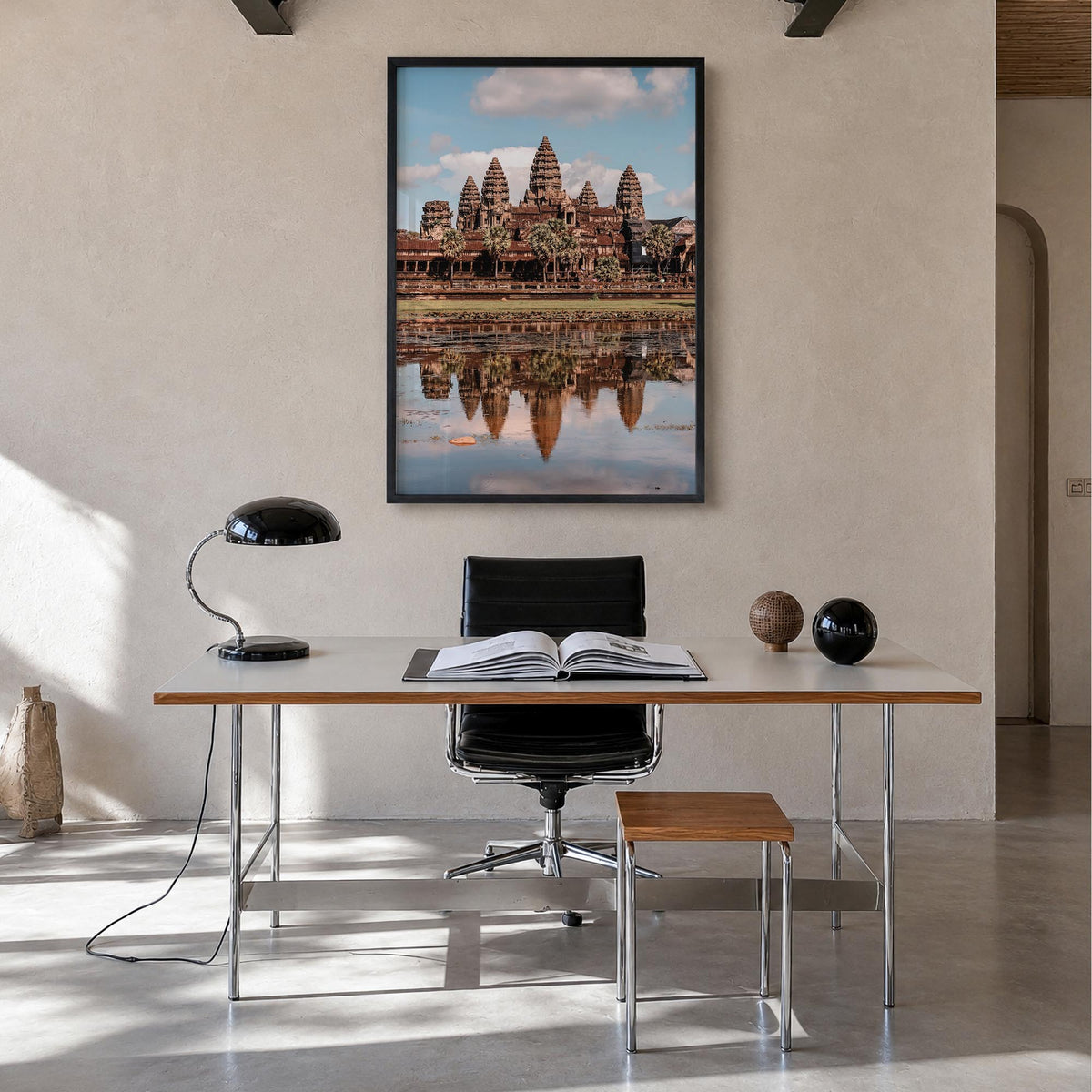 Angkor colorful photo poster of Cambodia – vertical wall art in black wood frame, hanging on wall