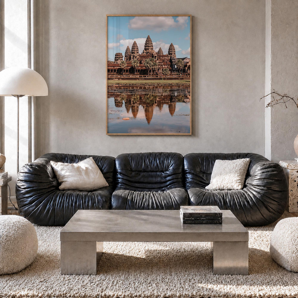 Angkor colorful photo poster of Cambodia – vertical wall art in natural wood frame, hanging on wall