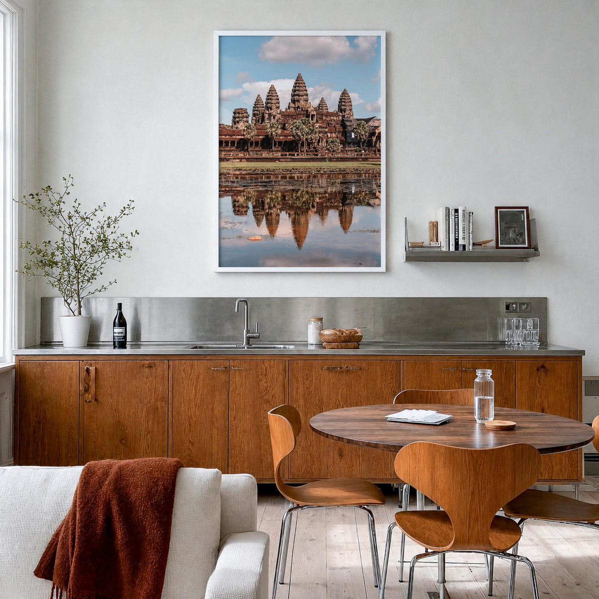 Angkor colorful photo poster of Cambodia – vertical wall art in white wood frame, hanging on wall