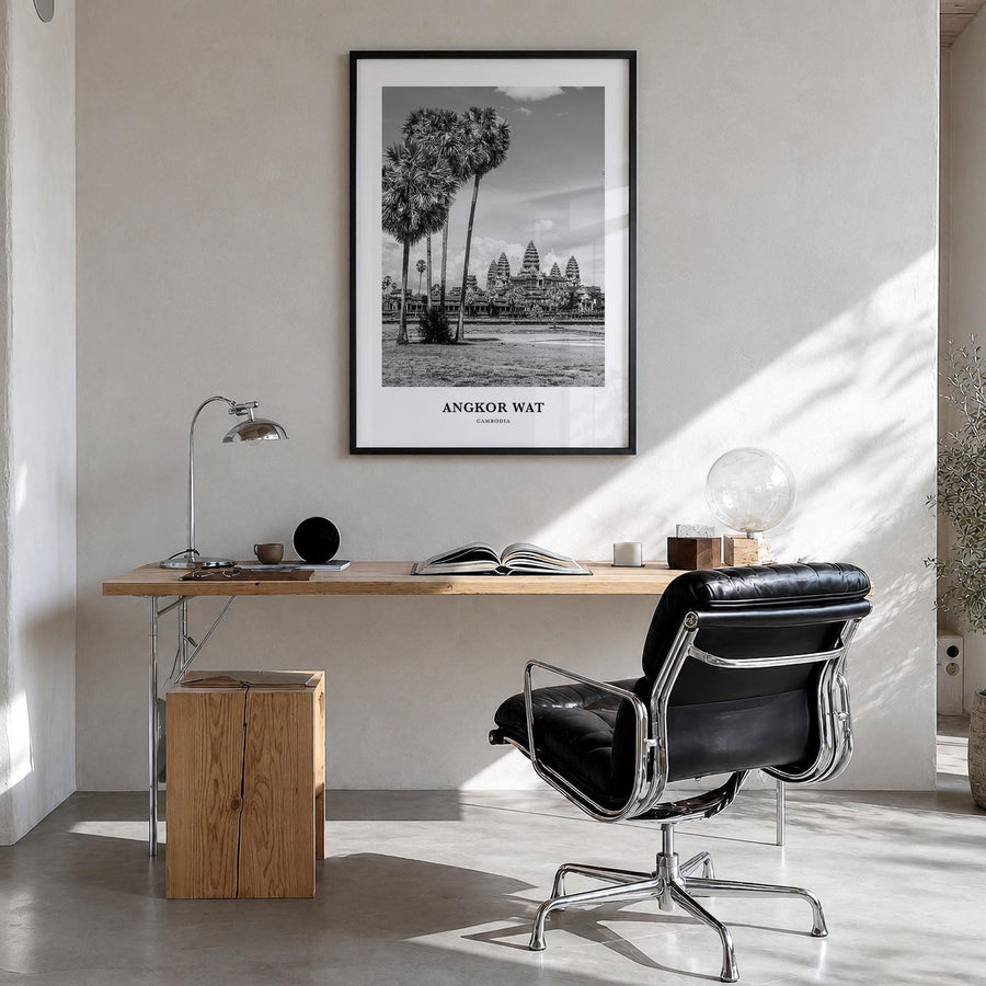 Angkor Wat black & white classic poster of Cambodia – vertical wall art in black wood frame, hanging on wall