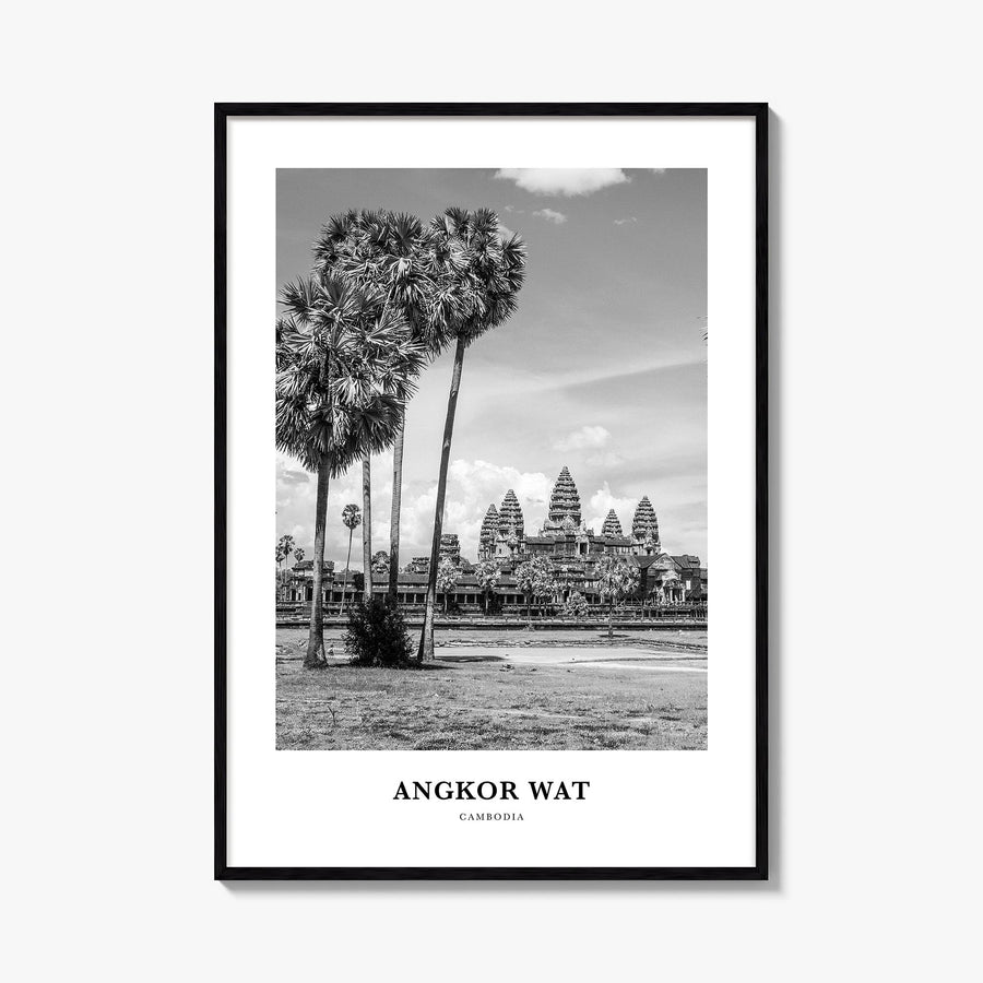 Angkor Wat black & white classic poster of Cambodia – vertical wall art, unframed print shown in interior mockup