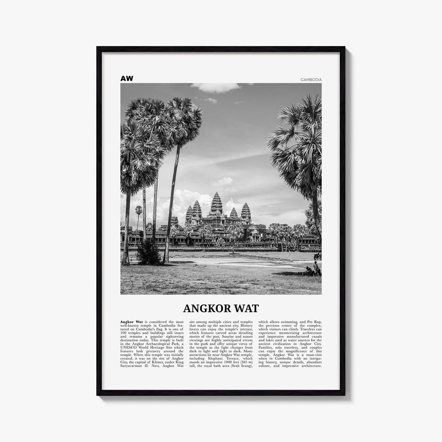 Angkor Wat black & white newspaper poster of Cambodia – vertical wall art, unframed print shown in interior mockup