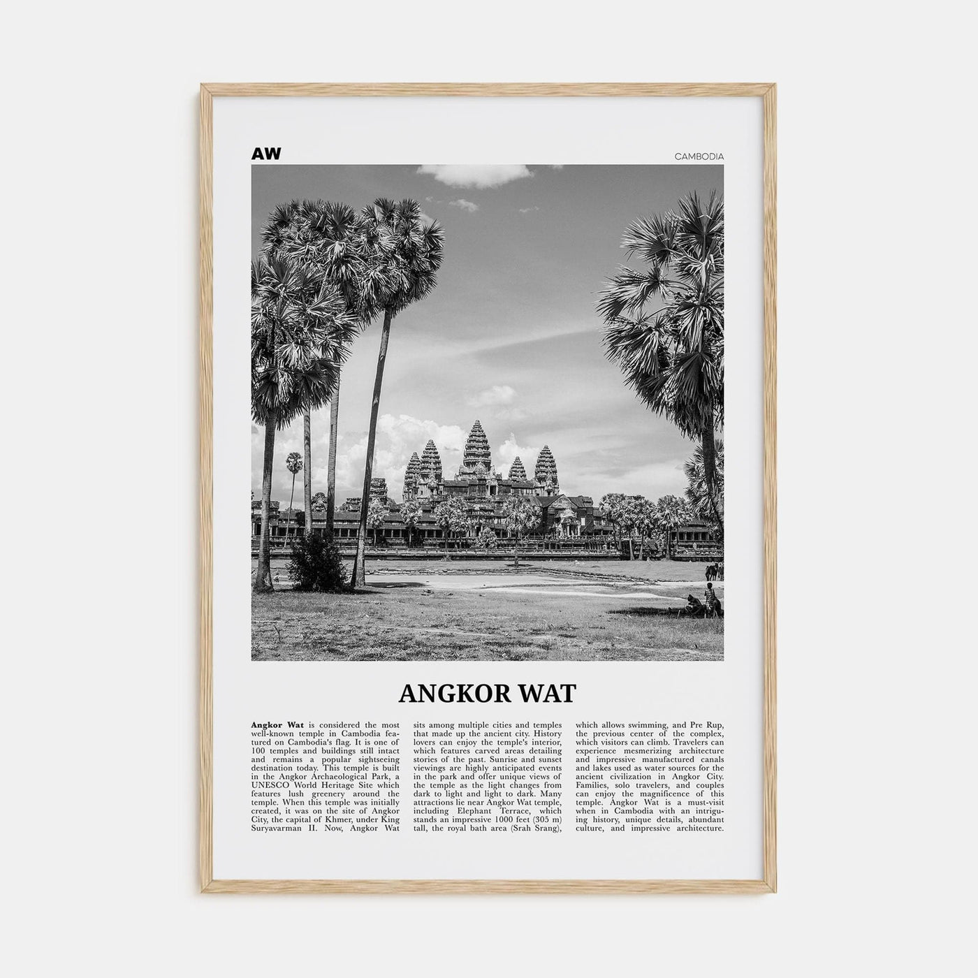 Angkor Wat Poster Natural Wood / 8x12 in Nbourhood Travel B&W Poster