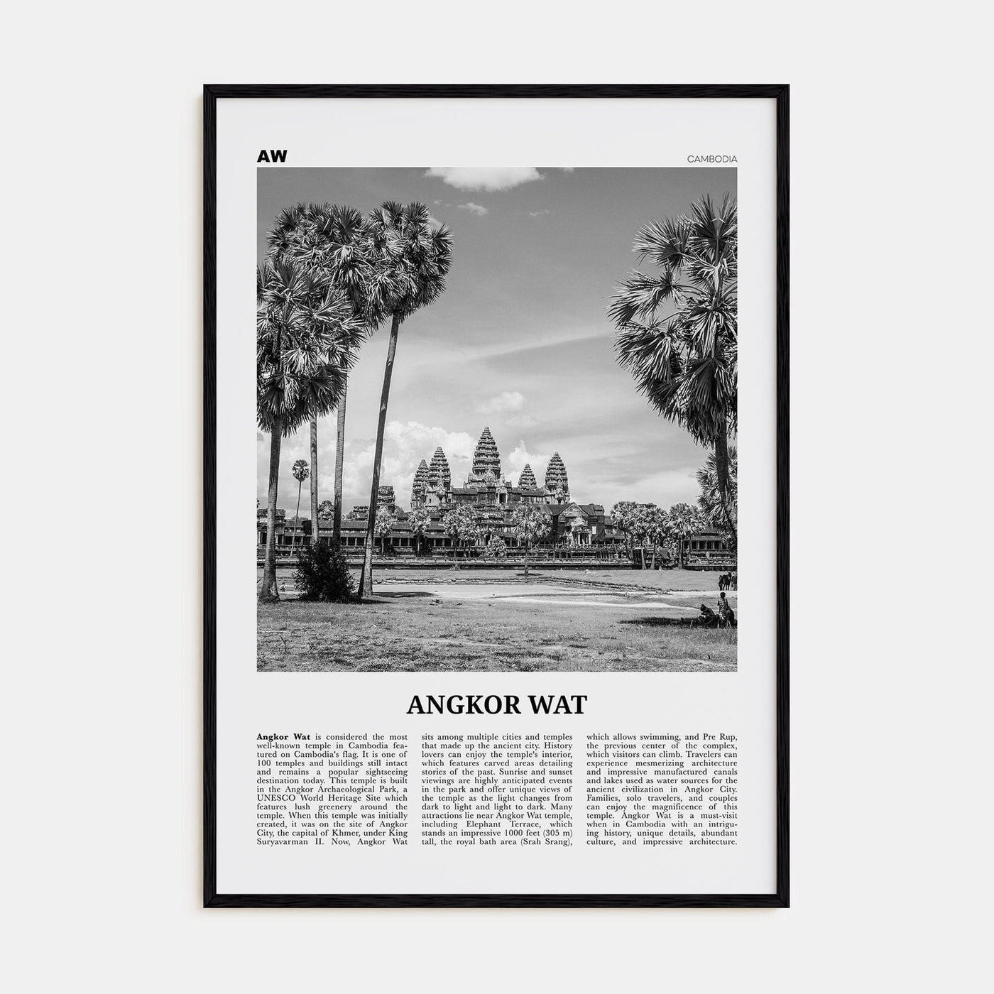 Angkor Wat Poster Black Wood / 8x12 in Nbourhood Travel B&W Poster