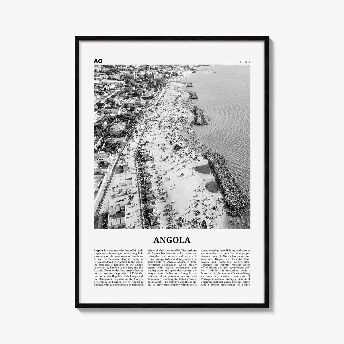 Angola black & white newspaper poster of Africa – vertical wall art, unframed print shown in interior mockup