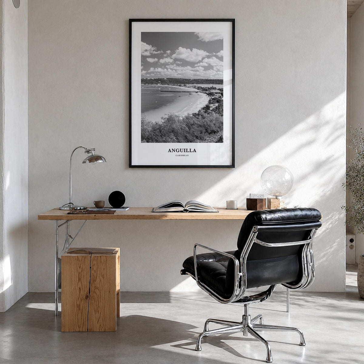 Anguilla black & white classic poster of Caribbean – vertical wall art in black wood frame, hanging on wall