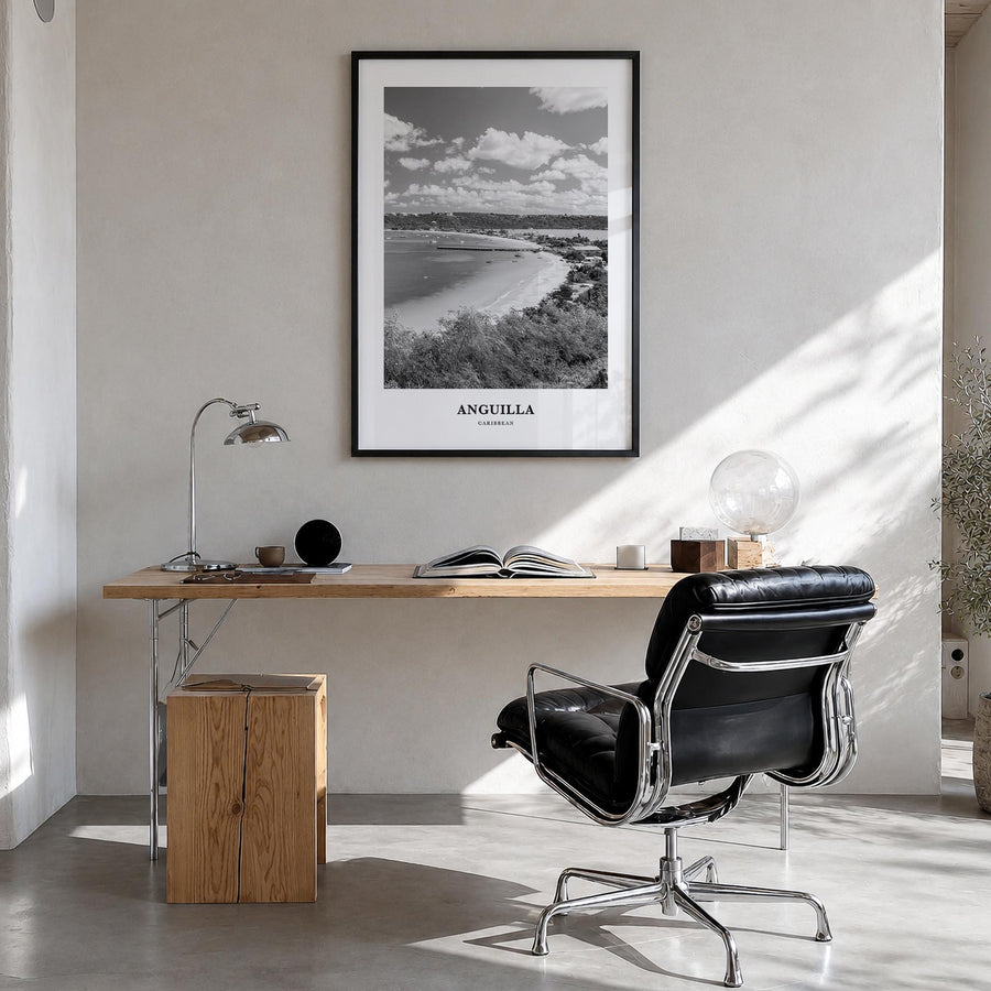 Anguilla black & white classic poster of Caribbean – vertical wall art in black wood frame, hanging on wall