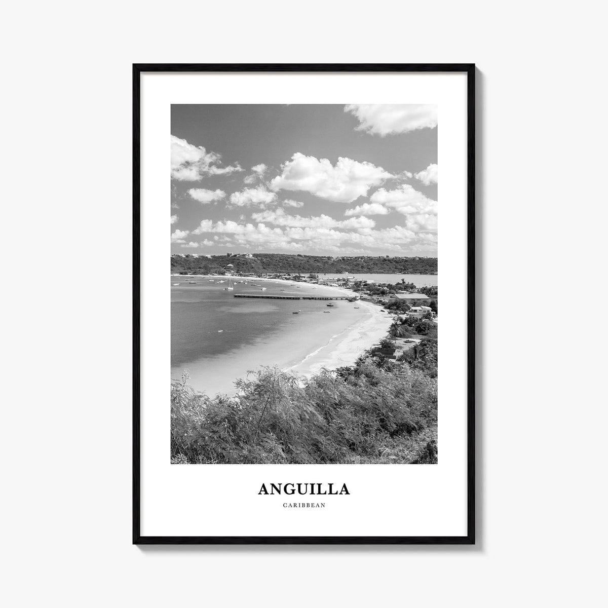 Anguilla black & white classic poster of Caribbean – vertical wall art, unframed print shown in interior mockup