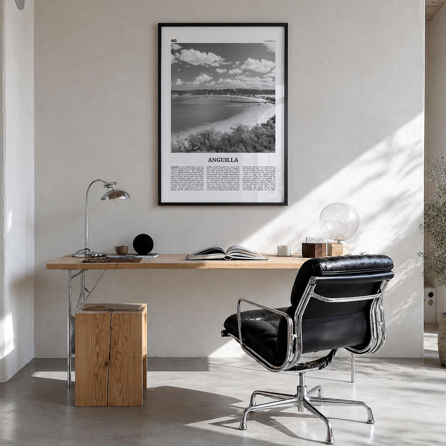 Anguilla black & white newspaper poster of Caribbean – vertical wall art in black wood frame, hanging on wall