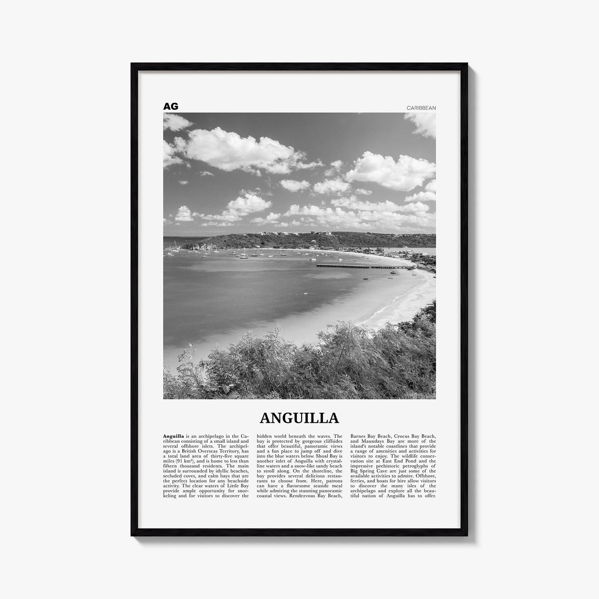 Anguilla black & white newspaper poster of Caribbean – vertical wall art, unframed print shown in interior mockup