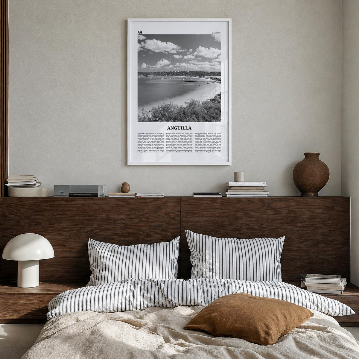 Anguilla black & white newspaper poster of Caribbean – vertical wall art in white wood frame, hanging on wall