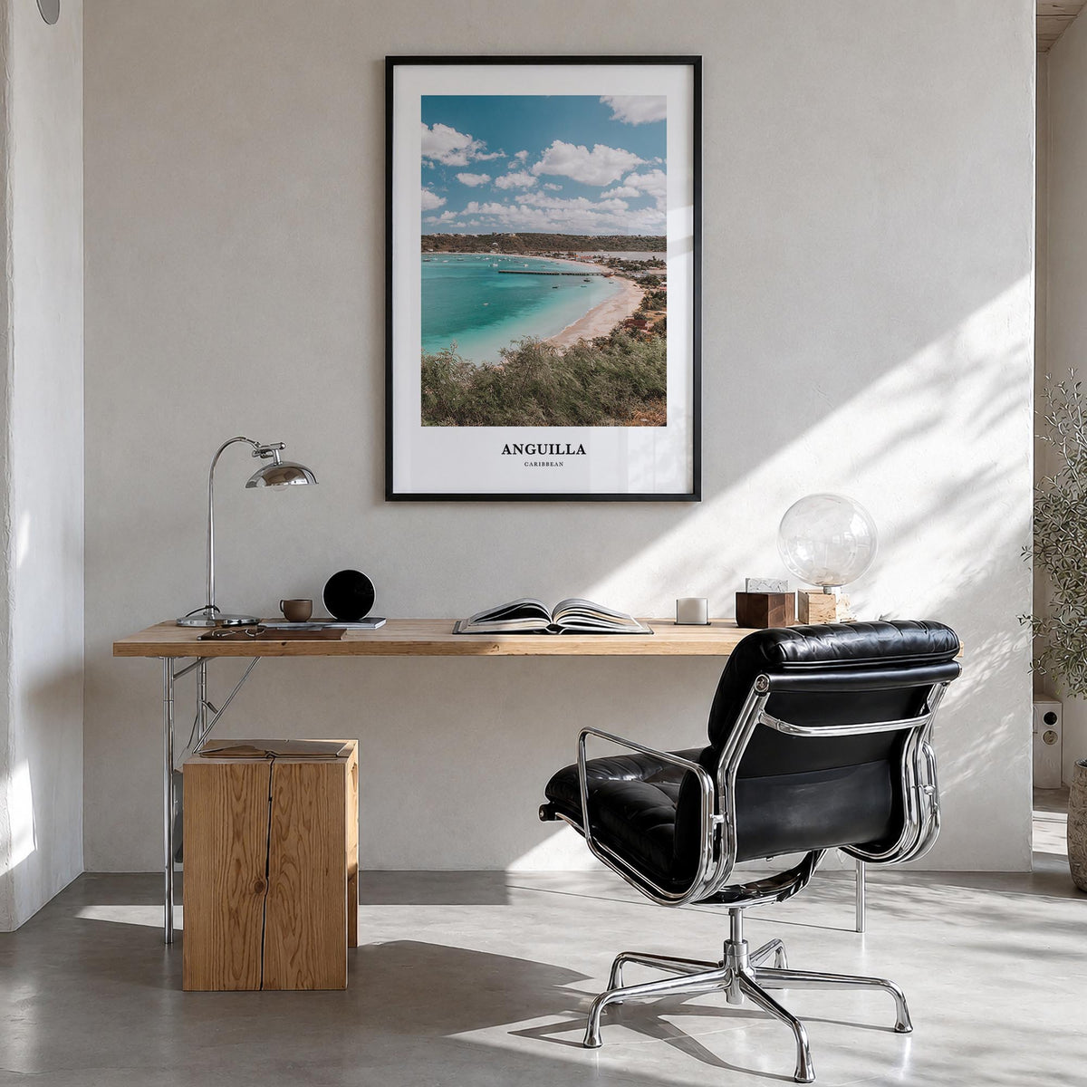 Anguilla colorful classic poster of Caribbean – vertical wall art in black wood frame, hanging on wall