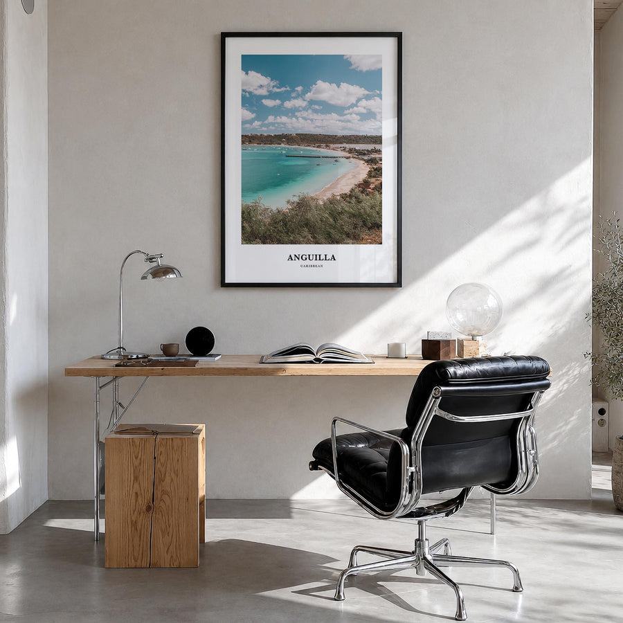 Anguilla colorful classic poster of Caribbean – vertical wall art in black wood frame, hanging on wall
