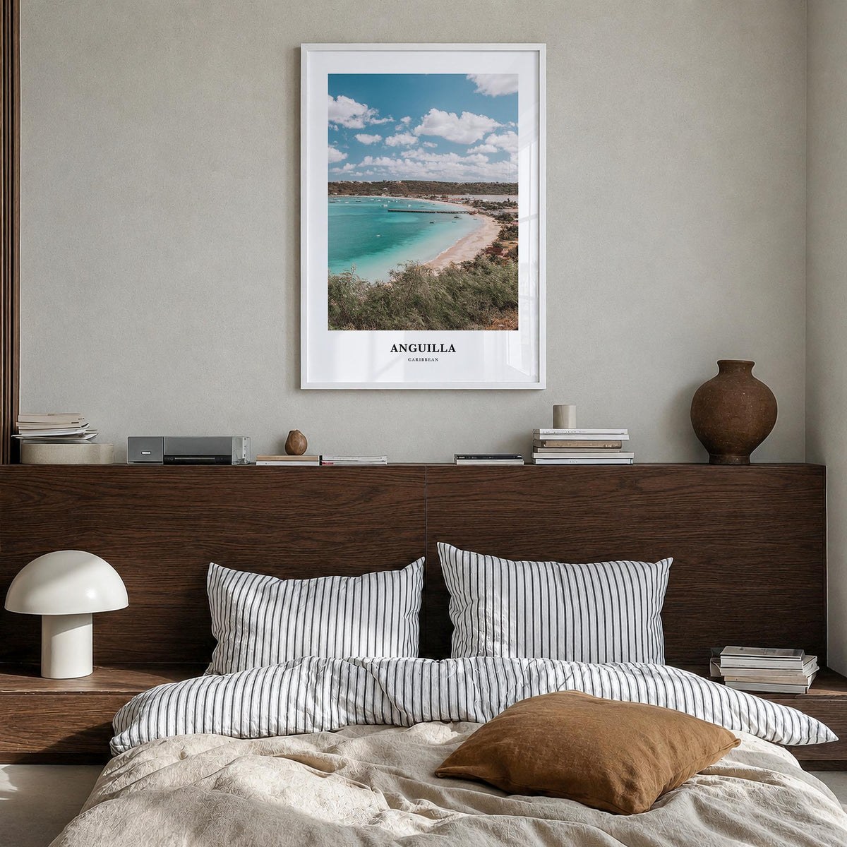 Anguilla colorful classic poster of Caribbean – vertical wall art in white wood frame, hanging on wall