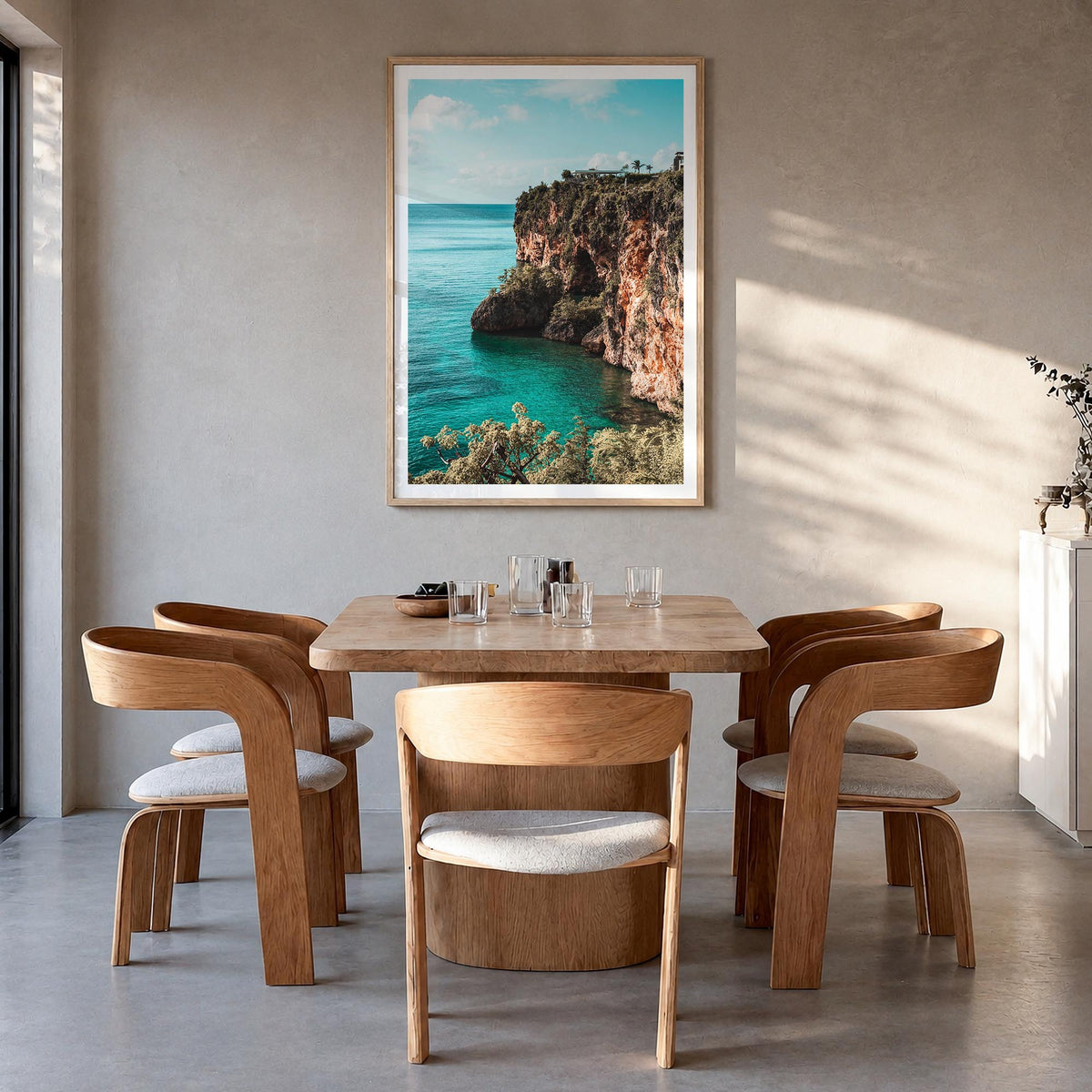 Anguilla colorful photo poster of Caribbean – vertical wall art in natural wood frame with white border, hanging on wall