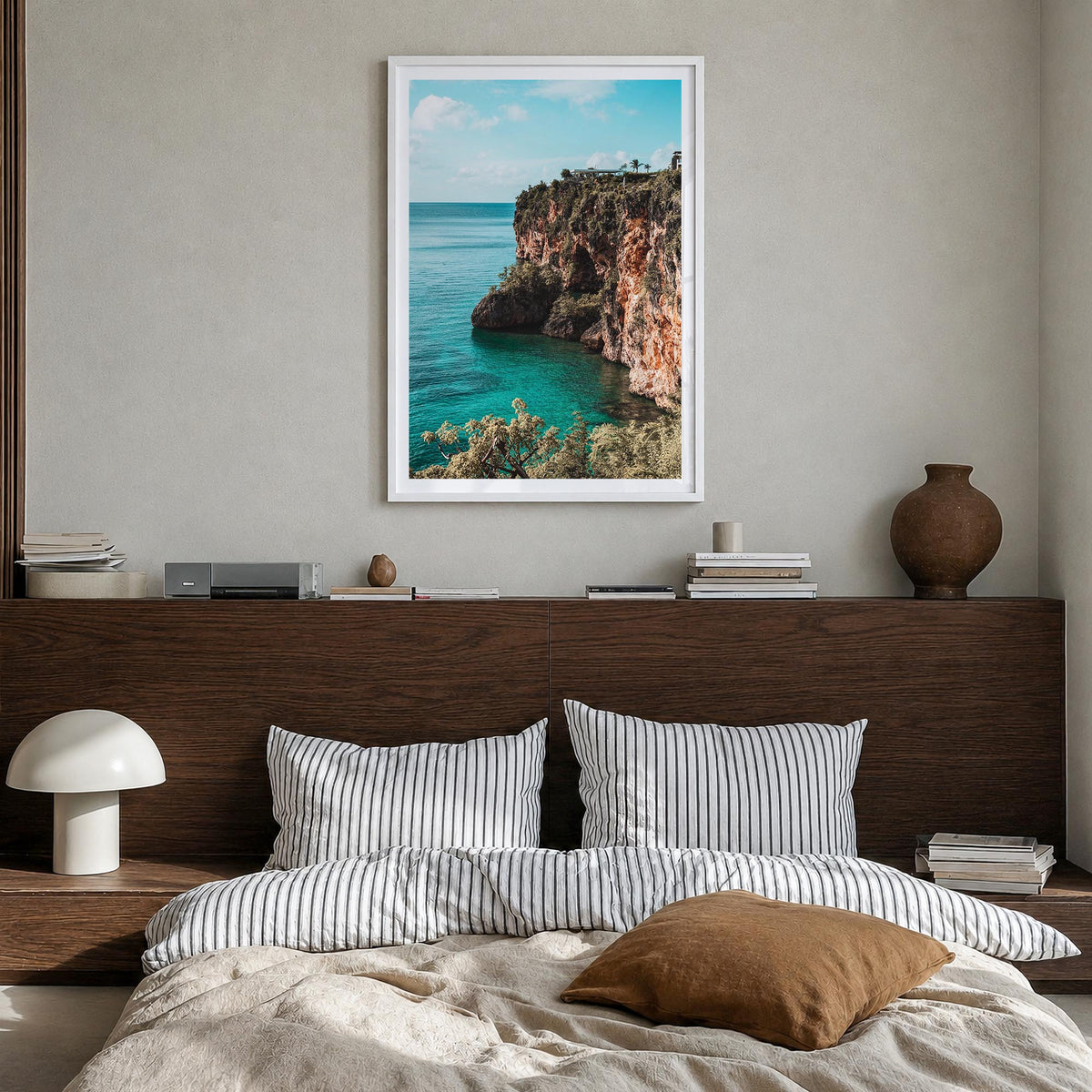 Anguilla colorful photo poster of Caribbean – vertical wall art in white wood frame with white border, hanging on wall