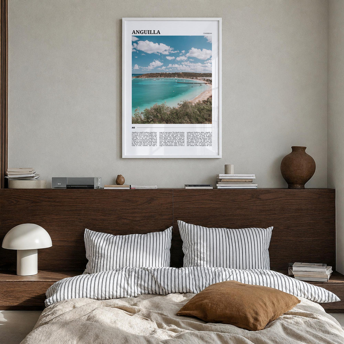 Anguilla colorful travel poster of Caribbean – vertical wall art in white wood frame, hanging on wall