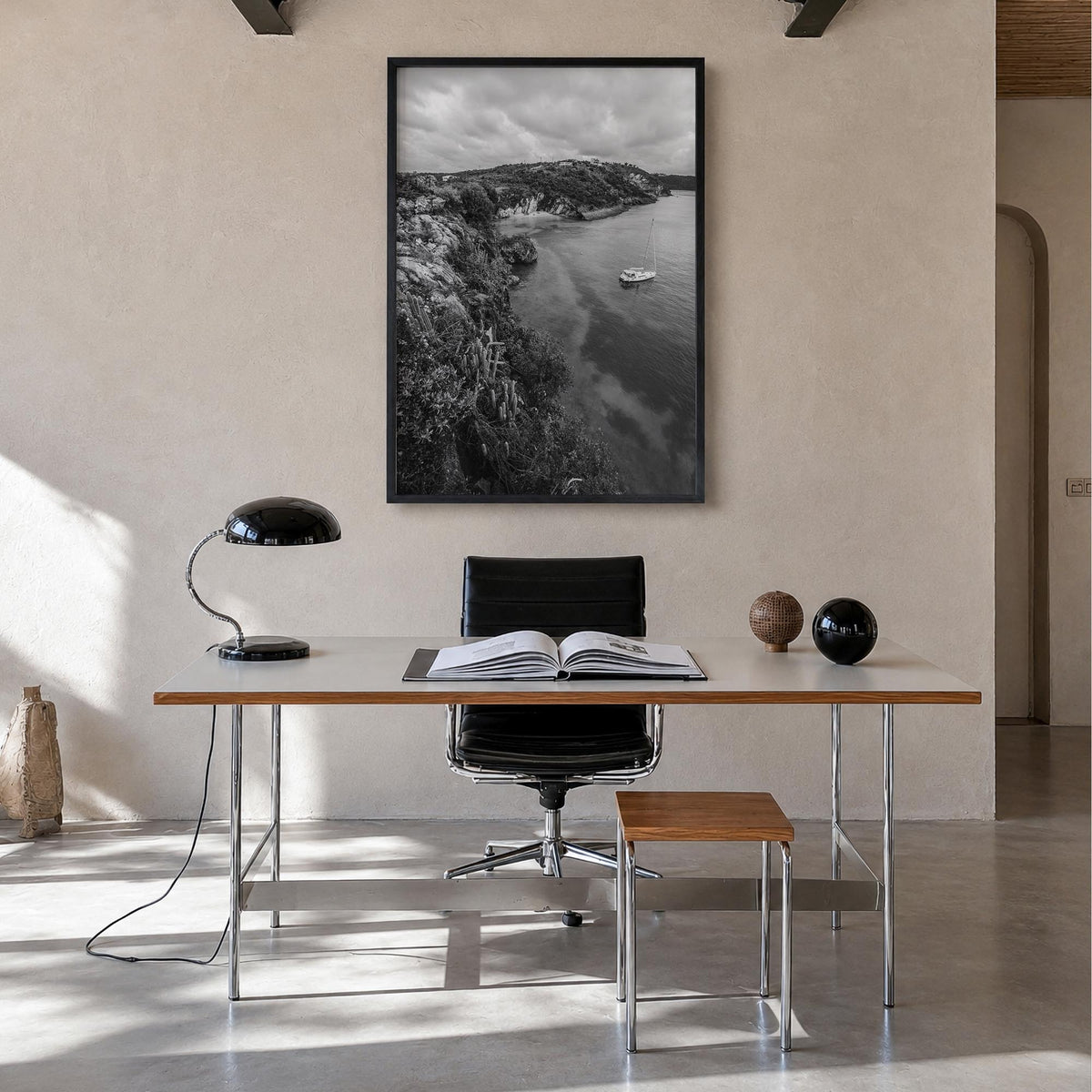 Anguilla no. 1 black & white photo poster of Caribbean – vertical wall art in black wood frame, hanging on wall