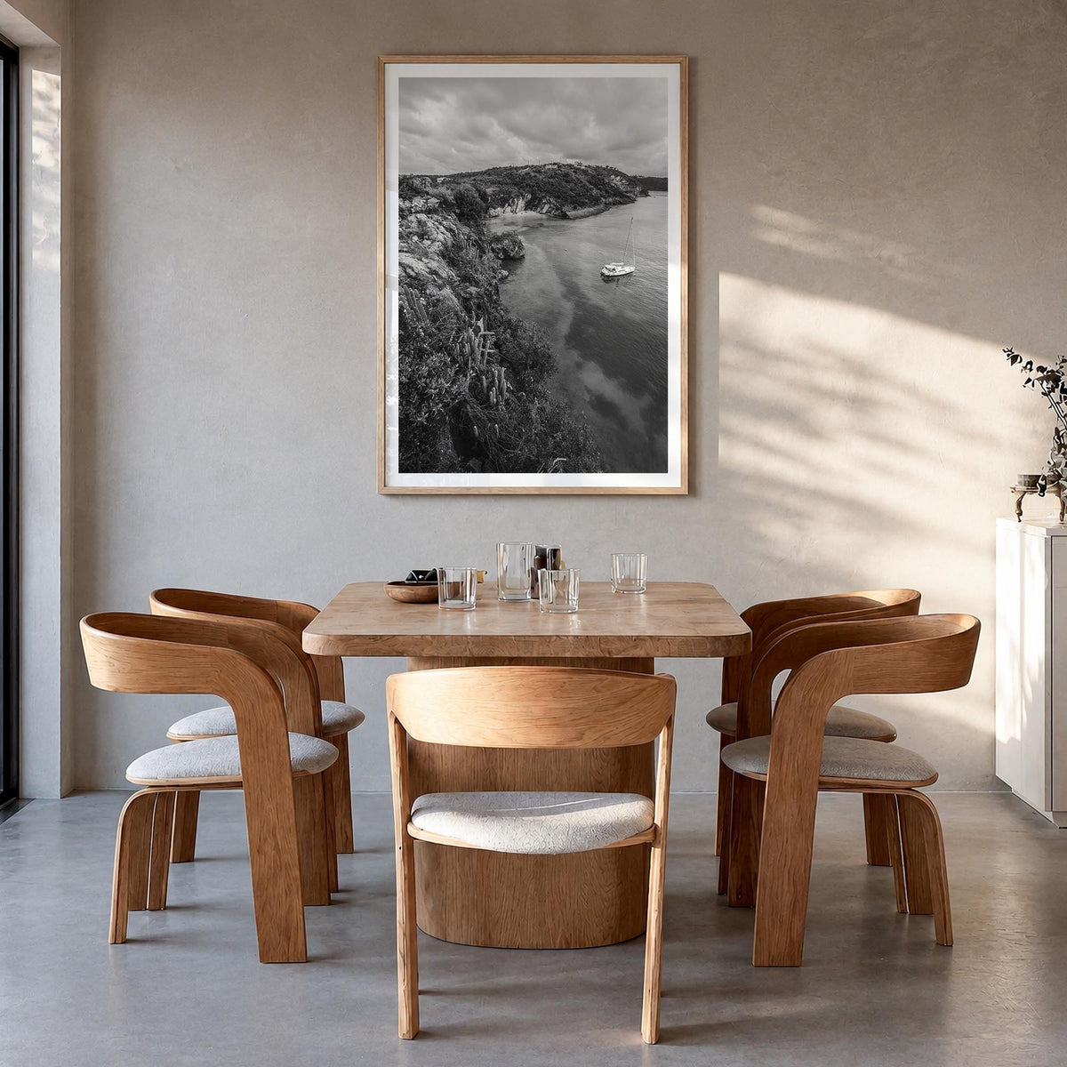 Anguilla no. 1 black & white photo poster of Caribbean – vertical wall art in natural wood frame with white border, hanging o